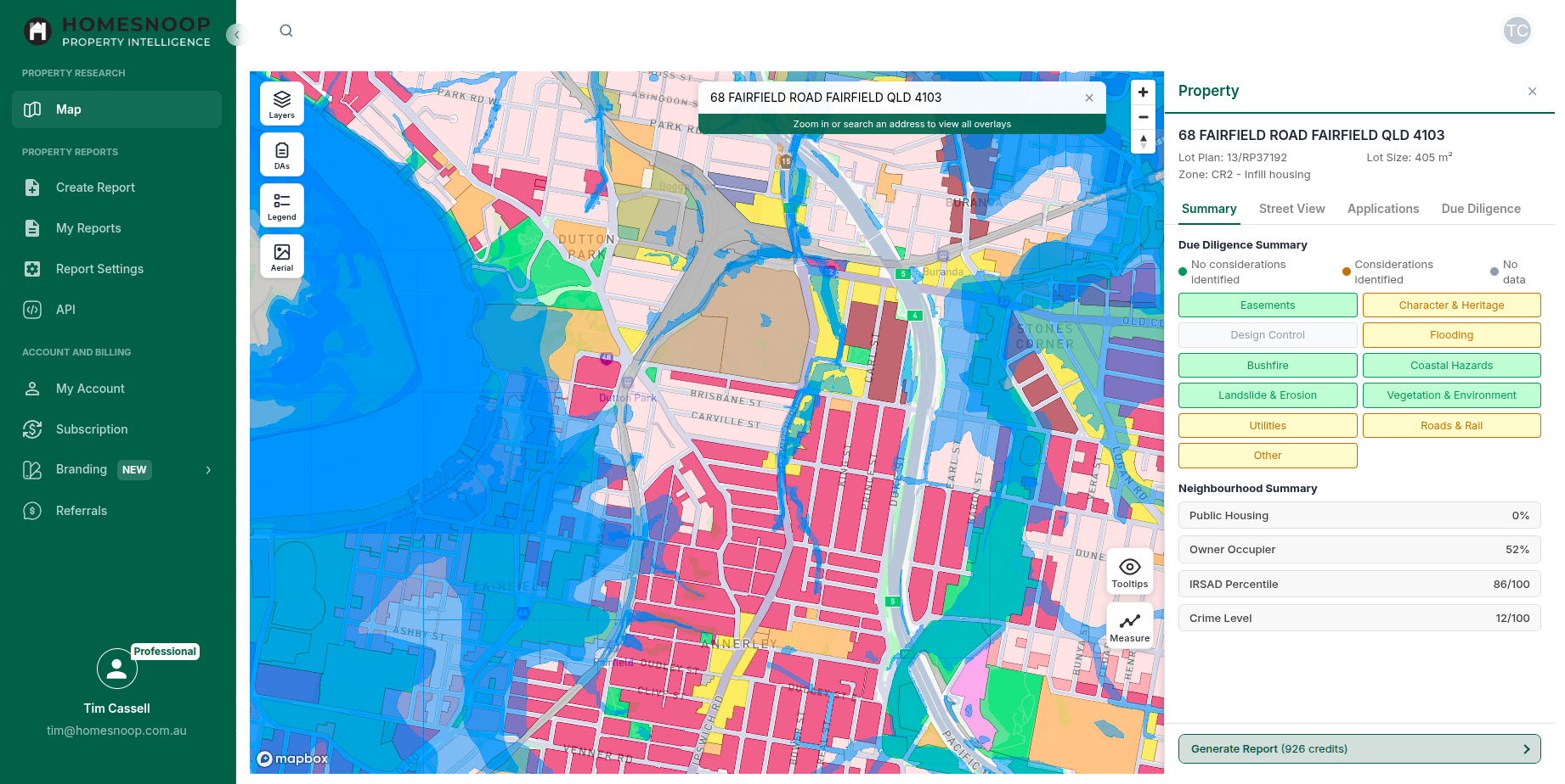 Homesnoop property report dashboard showing a map with risk overlays and a price estimate